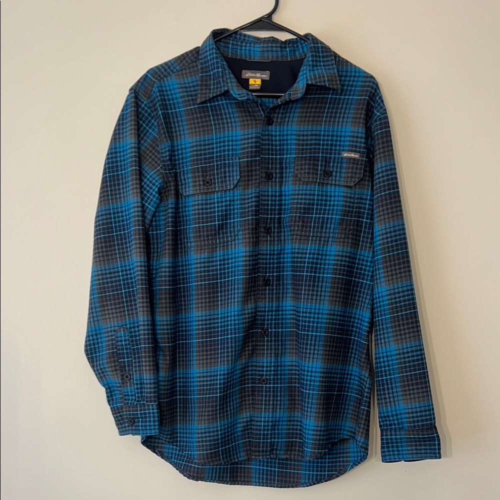 Eddie Bauer Blue and Grey Plaid Button Down Shirt